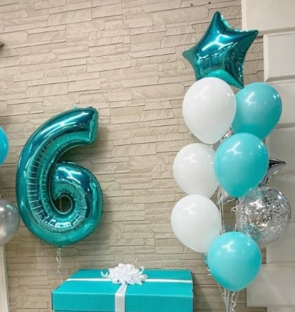40 Inch Teal Blue Mylar Foil Number 6 Birthday Balloon, Digital Balloons for 6 16 Boy Girl Party Decorations Supplies, Teal Blue Big Helium Balloon Numbers for 26 36 46 60 Men Women Anniversary