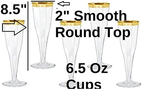 Oojami 90 Plastic 6.5 oz Disposable Champagne Flutes Ideal for Toasting Wedding Birthday Baby Showers Mimosa Cocktails Parties, 6.5 Ounces (Gold Glitter With Gold Rim)
