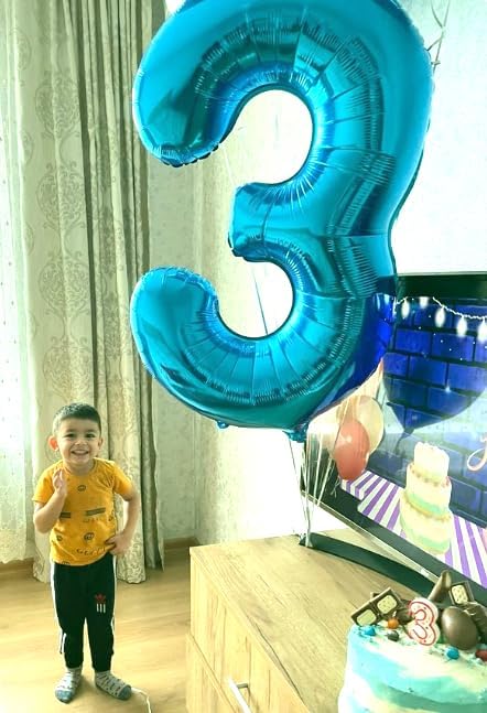 Large 40 Inch Blue 3 Number Balloon, 3 13 23 30 33 36 38 Blue Birthday Party Decorations, Numbers Three Foil Balloons for Anniversary Party Graduations Celebration Supplies