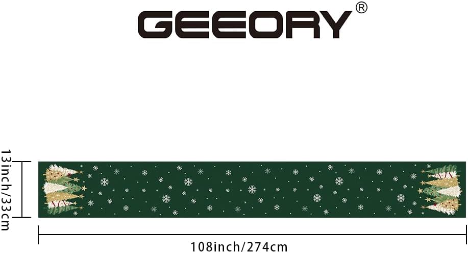 GEEORY Christmas Table Runner 13x108 Inch, Xmas Trees Snowflakes Holiday Decorative Farmhouse Table Decoration for Kitchen Dinning, Indoor Outdoor Dinner Party Decor (Green) GT152-108