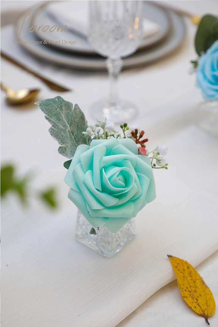 Floroom Artificial Flowers 25pcs Real Looking Robin's Egg Blue Foam Fake Roses with Stems for DIY Wedding Bouquets Baby Shower Centerpieces Floral Arrangements Party Tables Home Decorations