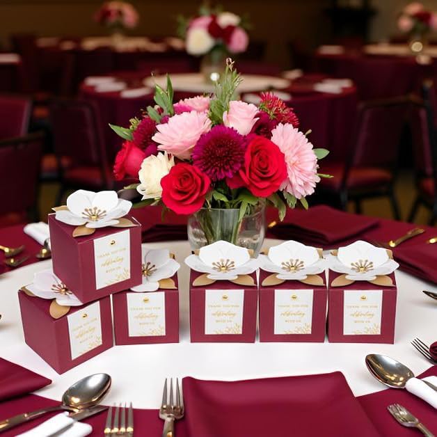 FEIYI 20 PCS Burgundy Gift Boxes, 3 In 1 Favor Boxes with Floral Decor, White Thank You Tags Cupcake Containers Gift wrapping for Wedding, Baby Shower, Birthday, Decorations Party - 3.55x3.55x3.55
