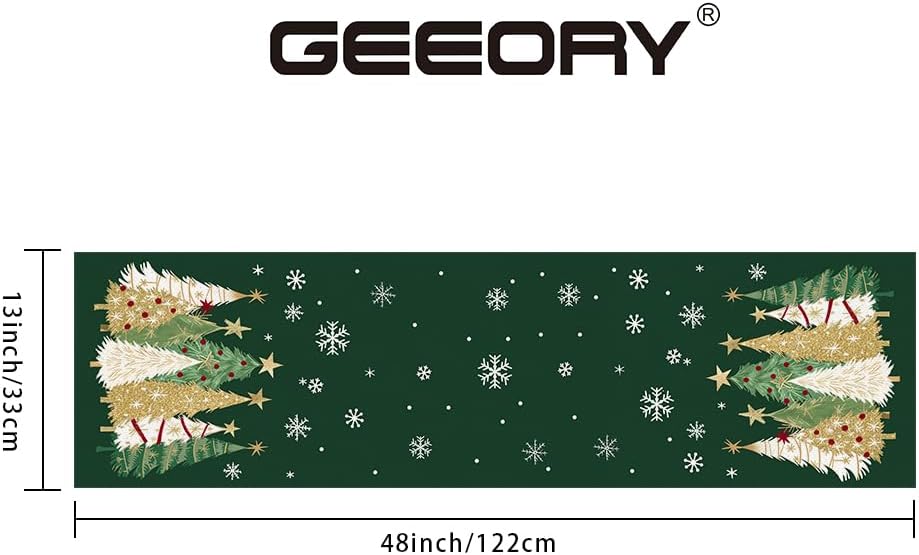 GEEORY Christmas Table Runner 13x48 Inch, Xmas Trees Snowflakes Holiday Decorative Farmhouse Table Decoration for Kitchen Dinning, Indoor Outdoor Dinner Party Decor (Green) GT152-48