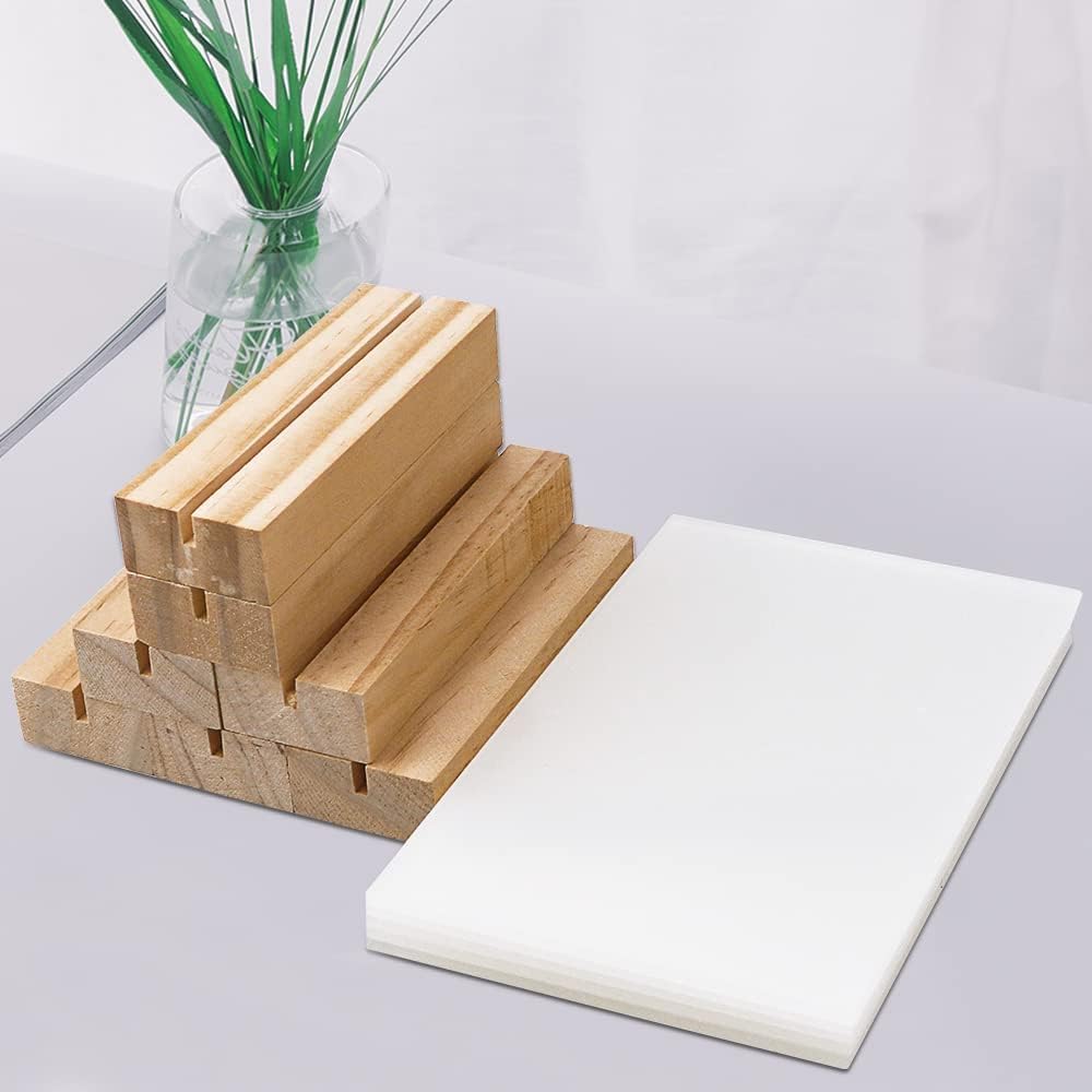 8 Pack 5 x 7 Inch Blank Clear Acrylic Table Displays with Wooden Stands - Ideal for DIY Name Cards, Menu Numbers, and Event Party Decorations(SINGLE LAYER)