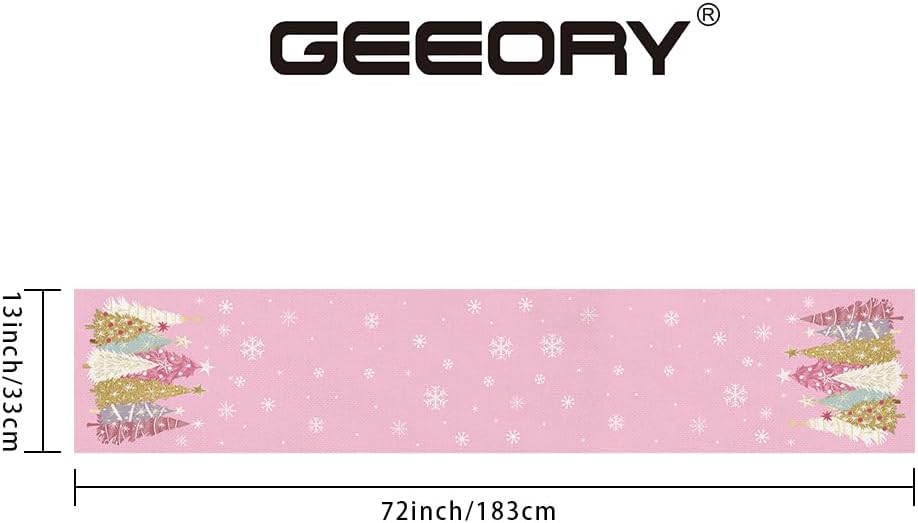 GEEORY Christmas Table Runner 13x72 Inch, Xmas Trees Snowflakes Holiday Decorative Farmhouse Table Decoration for Kitchen Dinning, Indoor Outdoor Dinner Party Decor (Pink) GT153-72