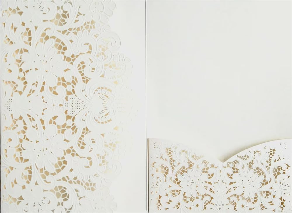 MillaSaw Ivory Embossed Laser Cut Invitation Pocket Envelope, Floral Engraved Invitation Sleeve, for Anniversary Bridal Shower Quinceañera Birthday Party (ivory)