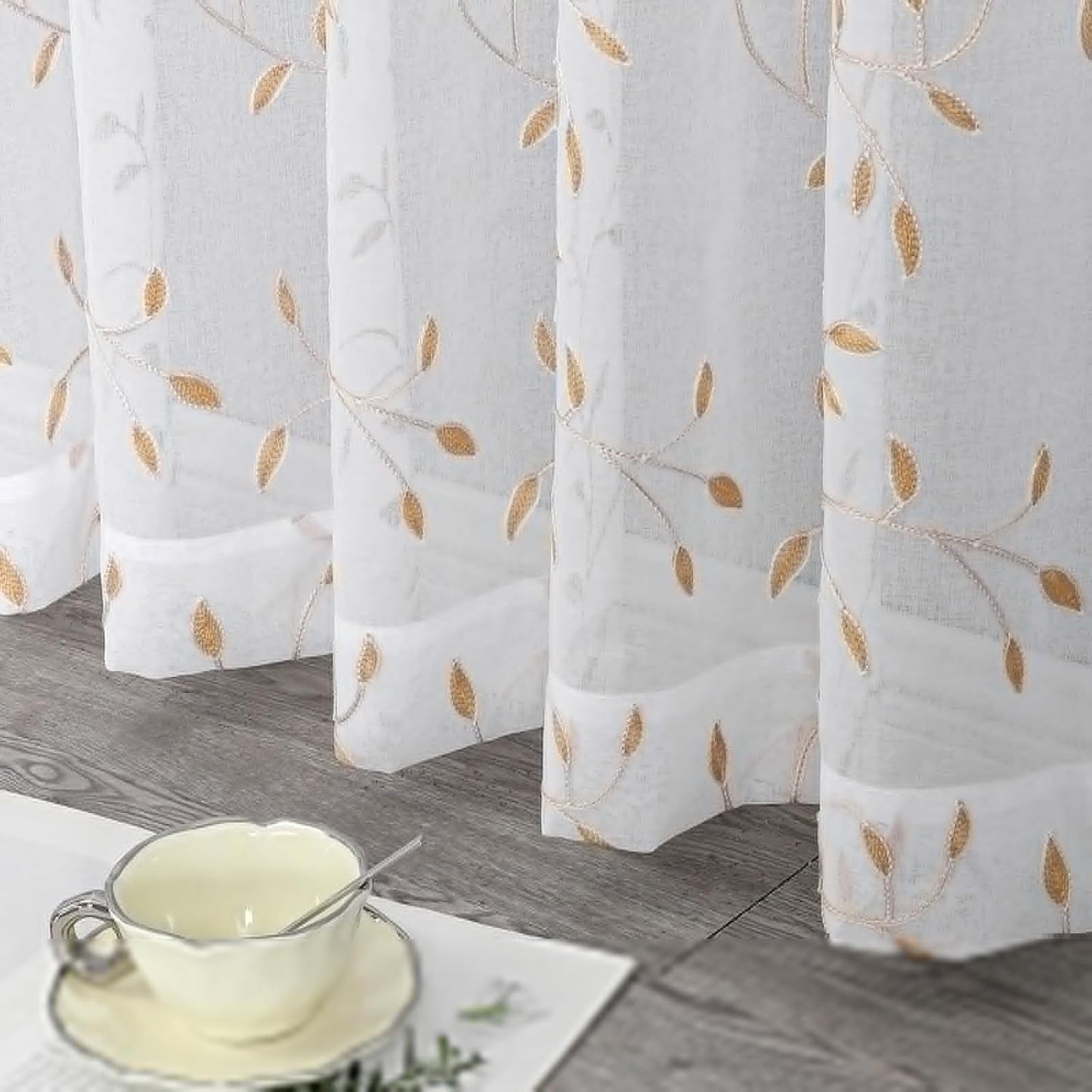 VISIONTEX White Sheer Voile Curtains, Decorative Orange Leaves Embroidery Faux Linen Rod Pocket Window Drapes for Home Kitchen, Living Room and Bedroom 54 x 108 Inch, Set of 2 Curtain Panels