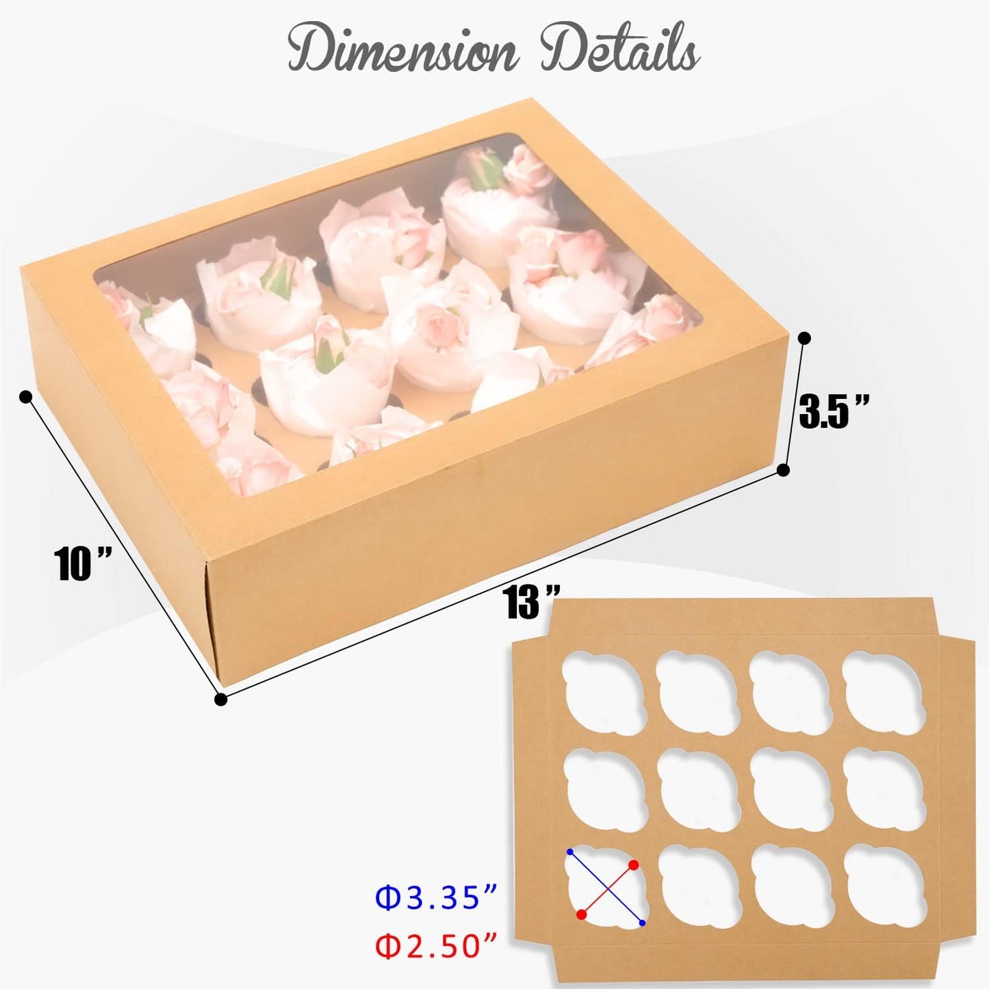 12 Cupcake Containers 20-Packs Brown 12 Count Cupcake Boxes with Window Cupcakes Carrier, 13"x10"x3.5"(Auto-pop up)
