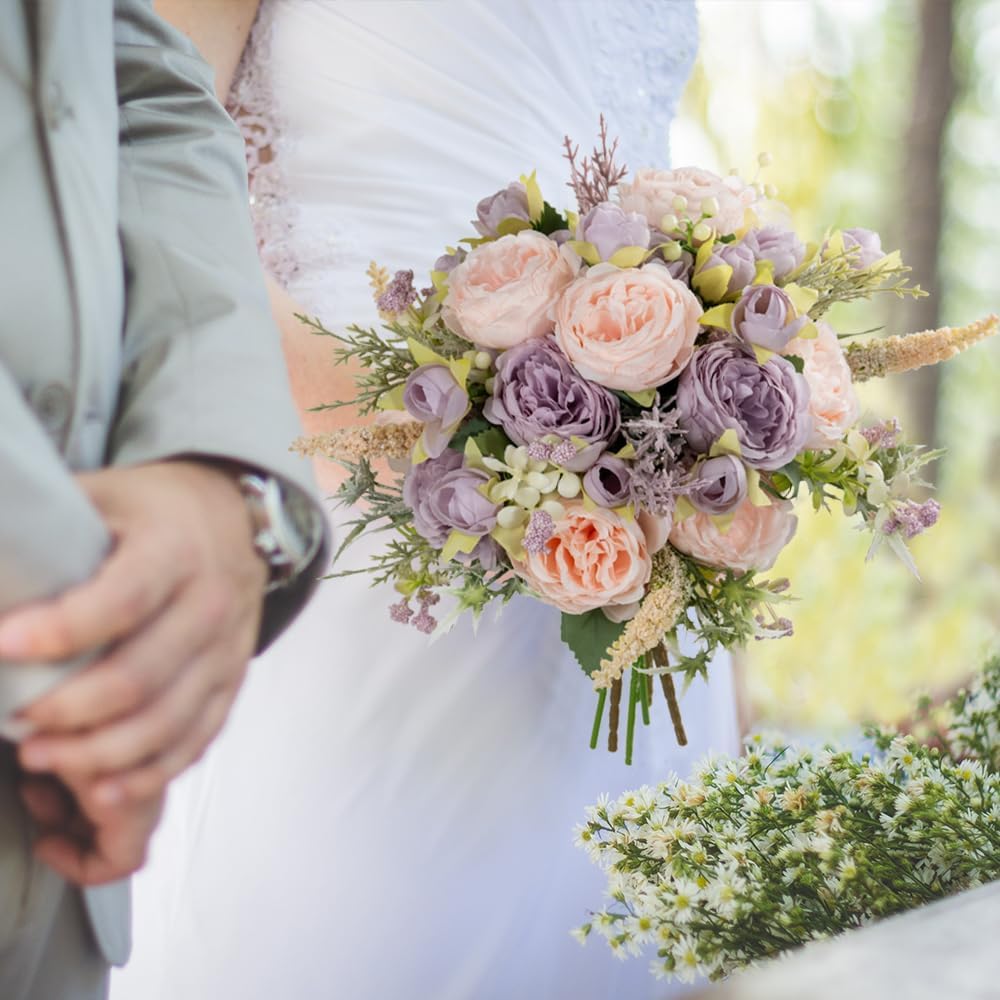 Artificial Peonies Silk Flowers Bouquet in Glass Vase Faux Flowers Bouquets Modern Penoy Arrangement for Home Decoration Table Centerpiece (Bouquet-Pink Purple)