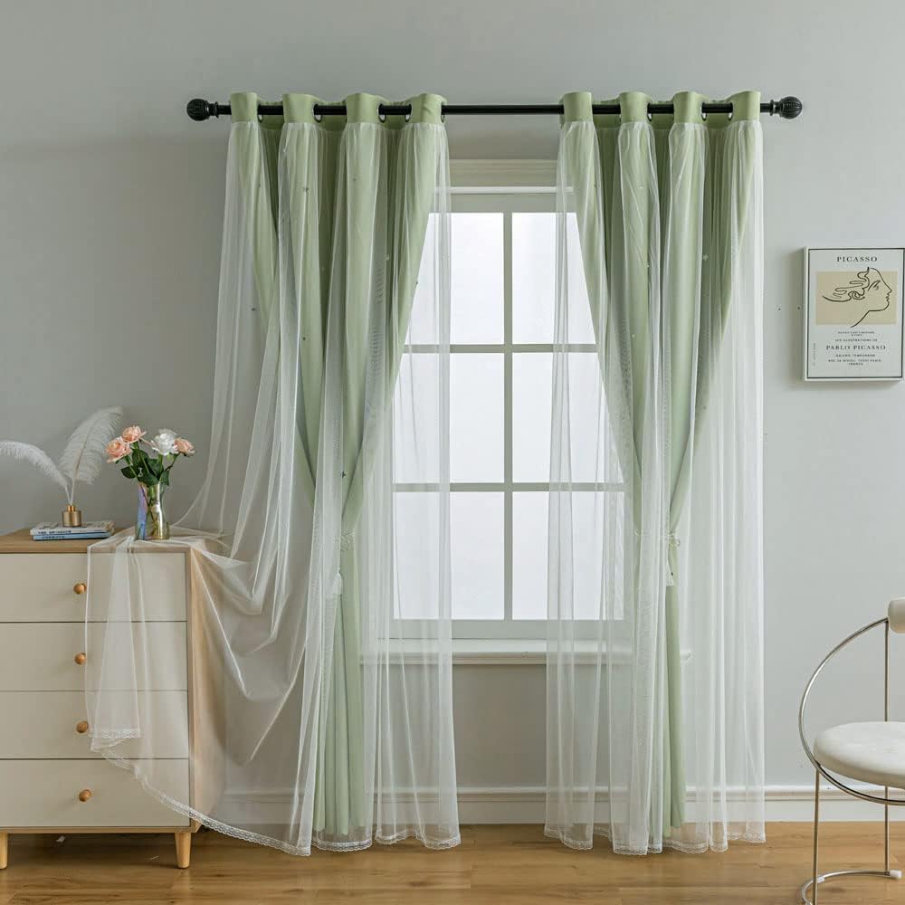 FANLI 2 Panels Star Blackout Curtains for Kid Girls Bedroom Living Room Darking Stripe Double Layer Star Cut Out Wall Home Decor Gradient Grommet Window Curtains (Green 95L)