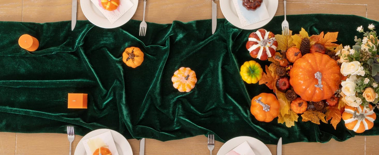 Emerald Green Velvet Table Runner Fall Thanksgiving Table Runner 20 x 120 Inch Luxurious Elegant Velvet Fabric Friendsgiving Table Decorations for Christmas Dinner Wedding Bridal Baby Shower
