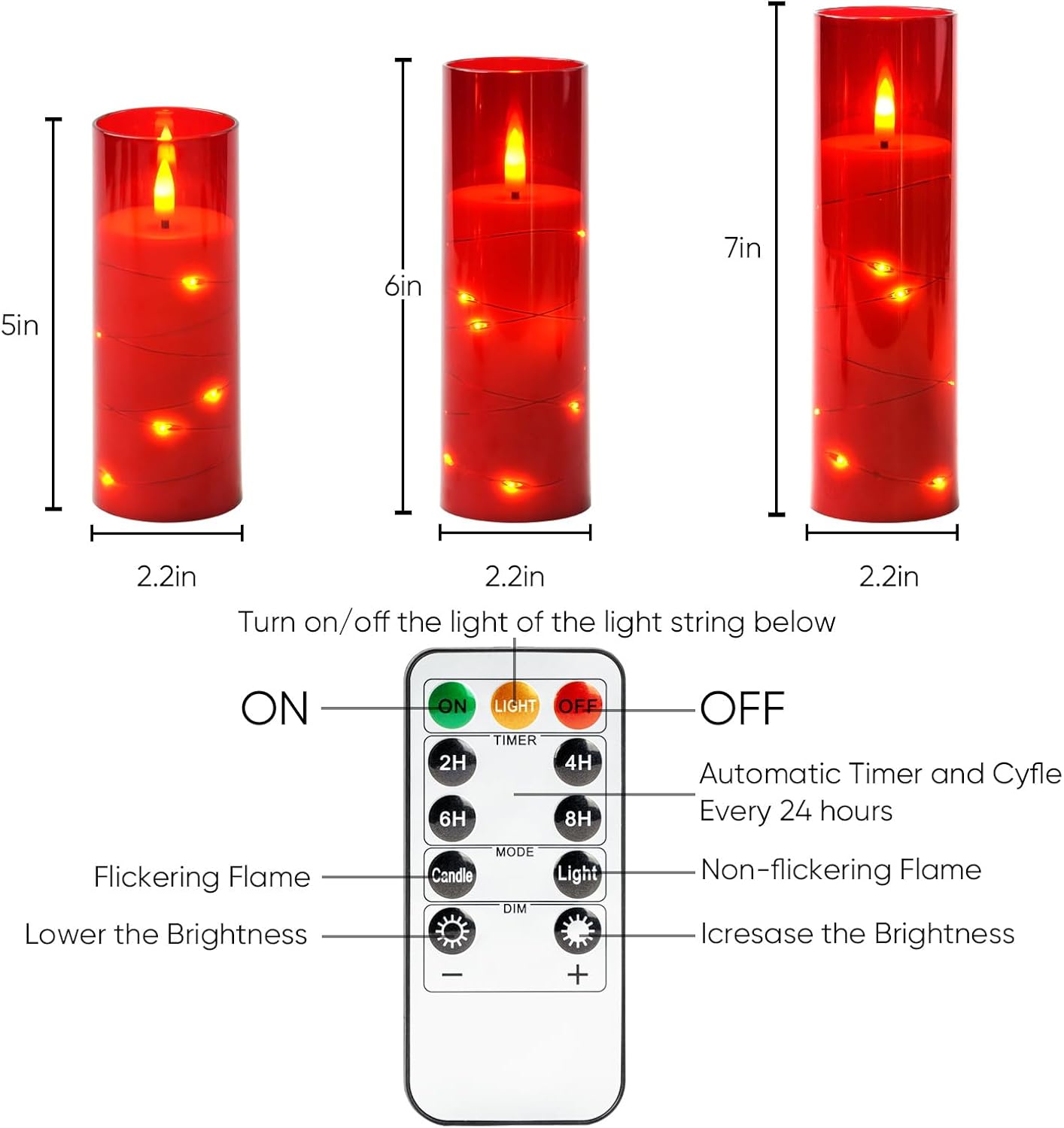 Homemory Red Flameless Candles with Embedded Star String Fairy Lights, Battery Operated Candles with Remote Control and Timer, Flickering LED Candle for Christmas Decor, Set of 9, D2.2 x H5 6" 7"