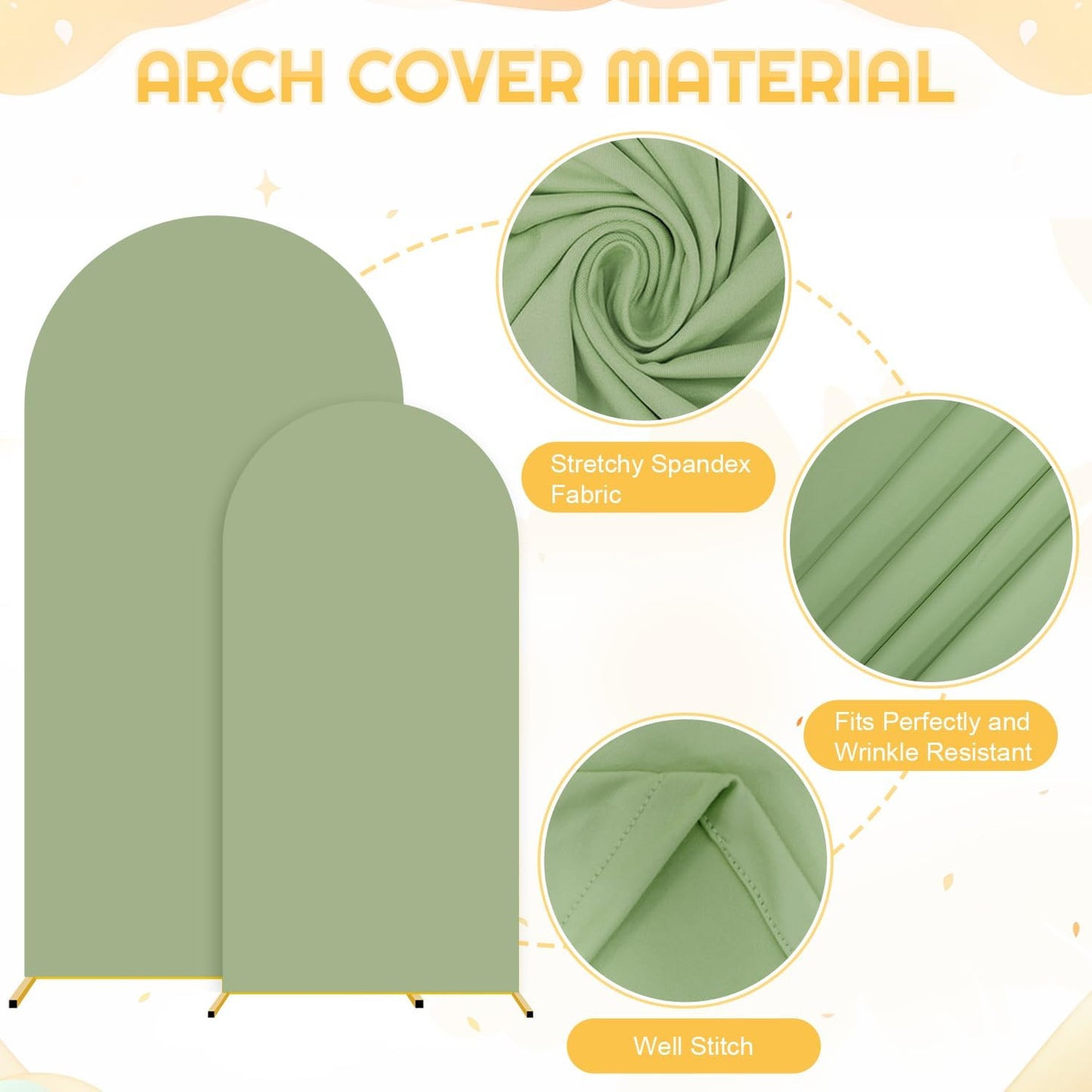 FUHSY Wedding Metal Arch Backdrop Stand with Sage Green Arch Cover 7.2FT, 6FT Balloon Arches Stand and Cover Set of 2 Spandex Arched Backdrop Covers for Birthday Party Baby Shower Ceremony Arbor Decor