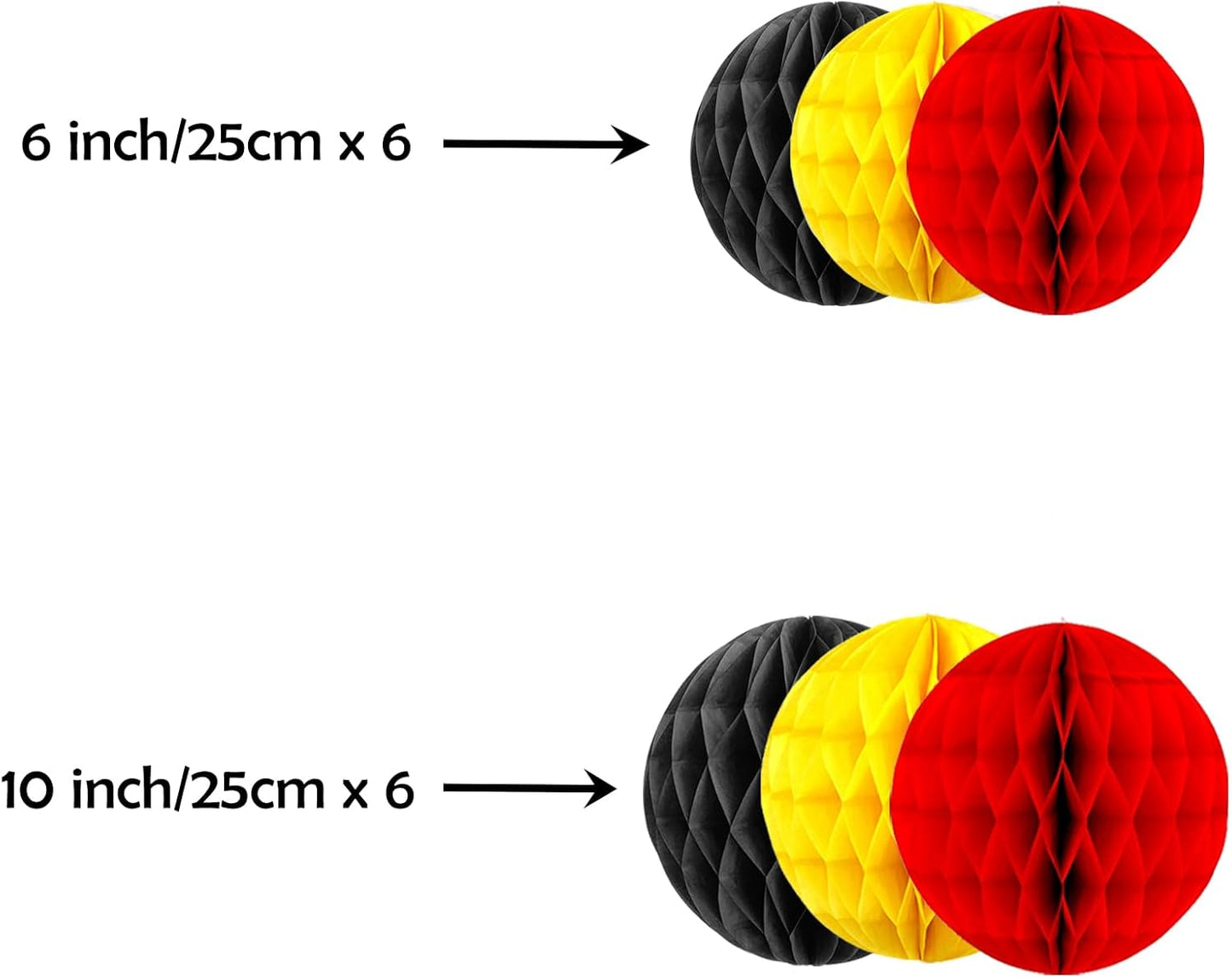 ZOOYOO 12Pcs 6" 10" Honeycomb Balls Decorations Hanging Tissue Paper Pom Poms for Christmas Xmas Birthday Party Baby Shower Cartoon Decorations(Red Yellow Black)