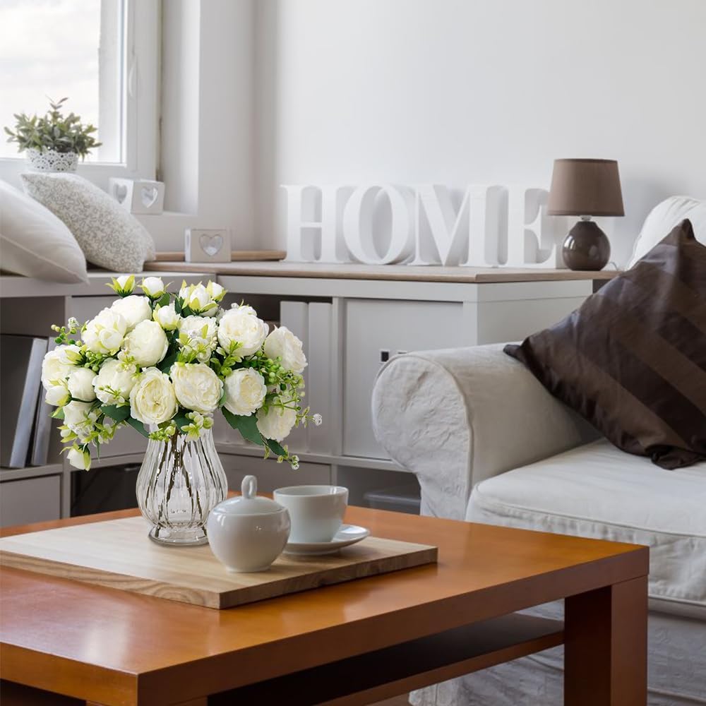 Artificial Peonies Silk Flowers in Glass Vase Faux Flowers Bouquets Modern Penoy Arrangement 4 Pack for Home Decoration Table Centerpiece (White)