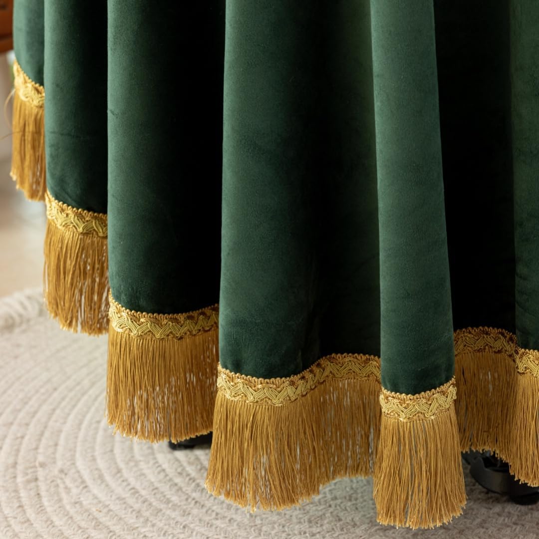 F-CHU Green Tablecloth Thickset Velvet Tablecloth with Beautiful Gold Tassels Vintage Table Cloth for Home Decor Wedding, Party, Banquet and Events 70" Round