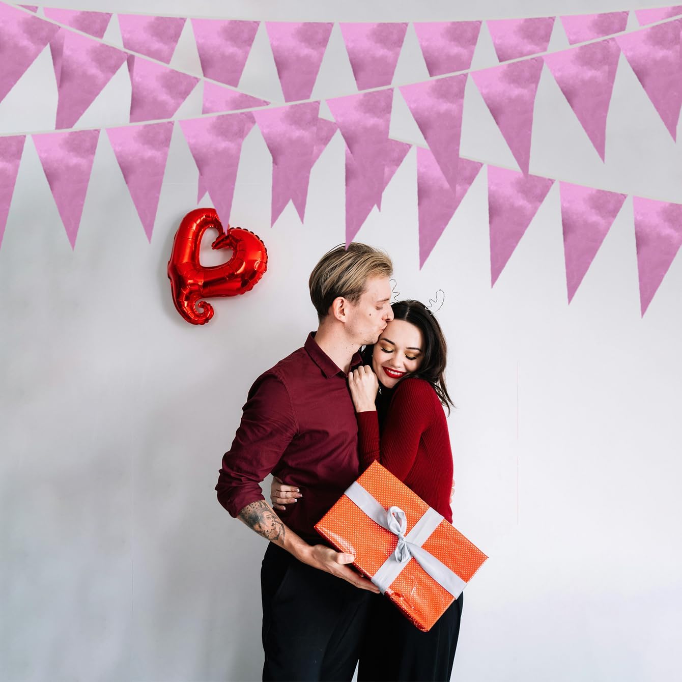 40M/130FT Pink Triangle Pennant Banner Flag Metallic Fabric Bunting Garland for Christmas Graduation Wedding Engagement Anniversary Bachelorette Birthday Bridal Shower Valentines Hen Party Supplies