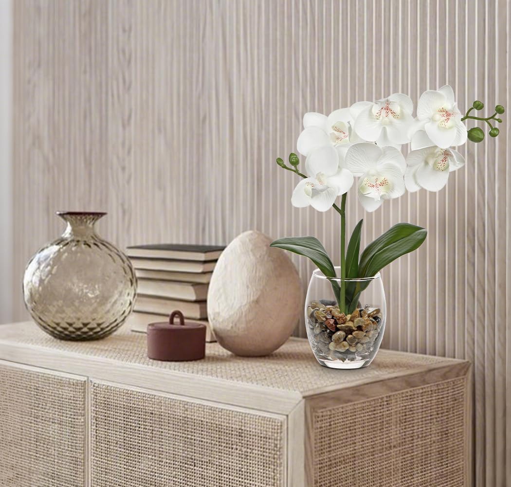 White Orchids Artificial Flowers with Vase, Small Faux Orchid Arrangement Set of 2 Fake Flowers in Glass Vases Small White Centerpieces for Kitchen Dining Room Tables Bathroom Nightstand Shelf Decor