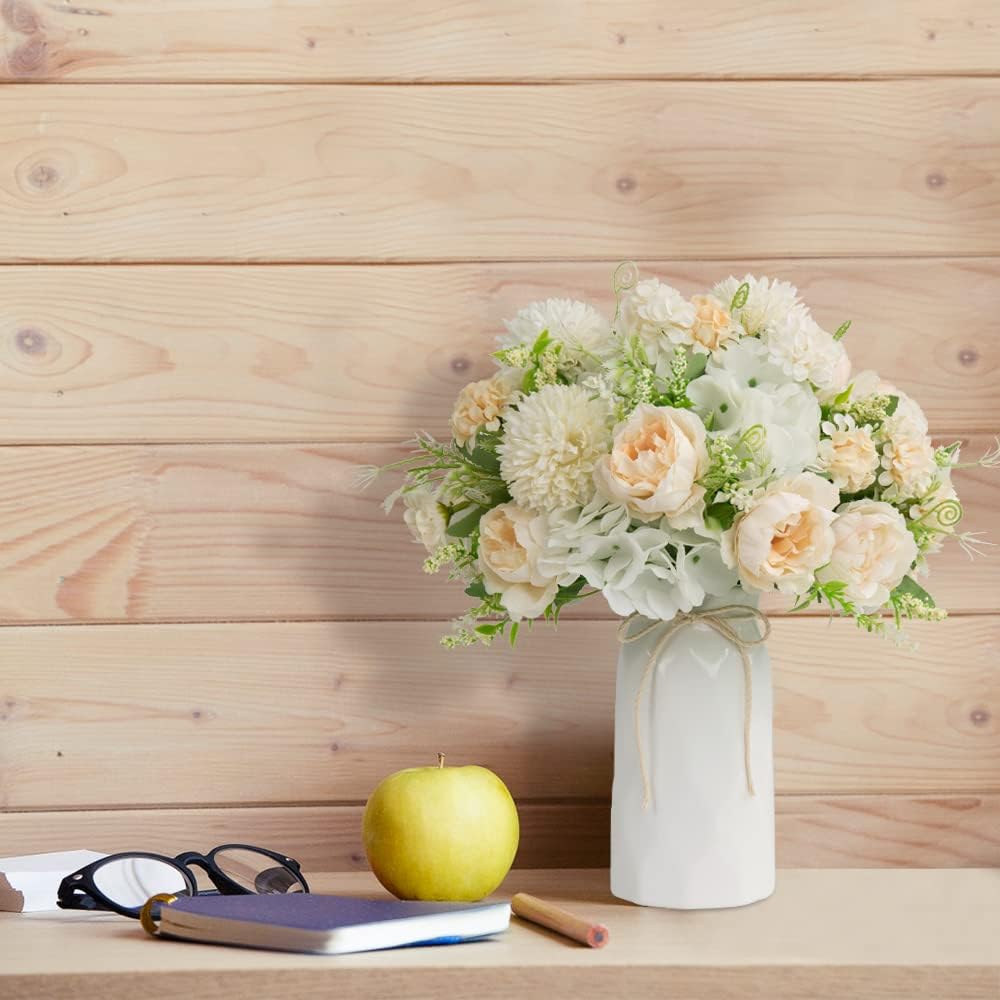 LESING Artificial Peony with Vase Silk Flowers Bouquets Fake Hydrangea Bulks for Home Table Centerpieces Wedding Decoration(White-1)