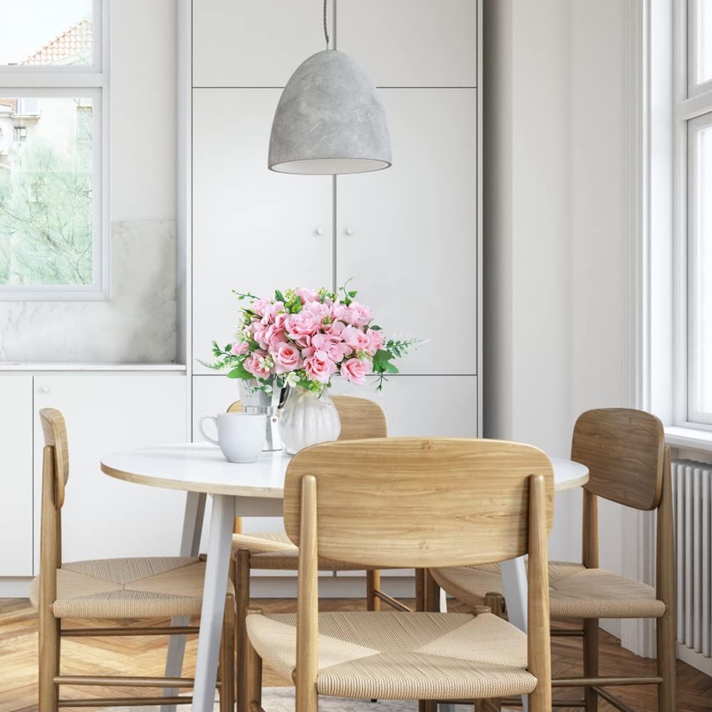 LESING Artificial Rose Silk Hydrangea Flowers Bouquets with Vase Rustic Fake Flowers for Home Decoration Table Centerpiece (Pink)