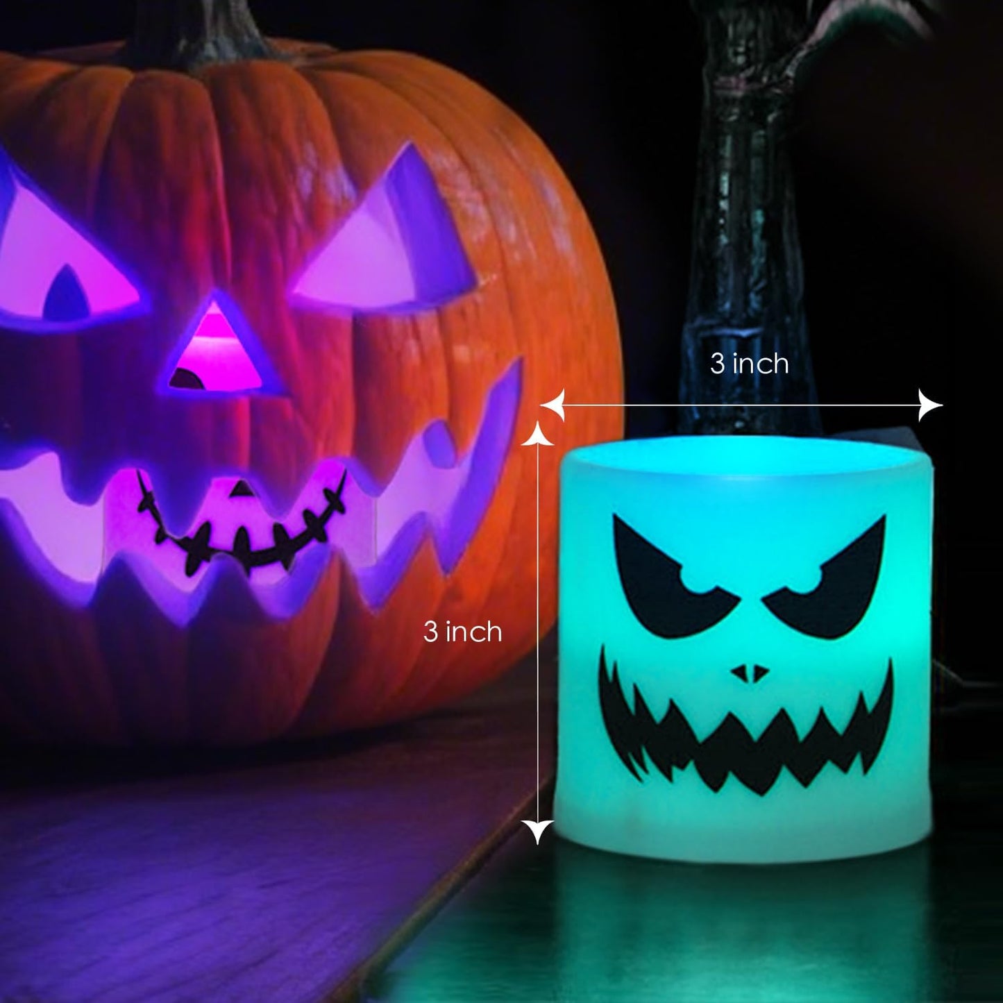 Halloween Flameless Candles - 3 Pack Colored Battery Operated Pumpkin Ghost Face Candles,LED Muti Color Grimace Night Light,Scary Halloween Decor,Fall Table Centerpieces, Spooky Home, Day of The Dead