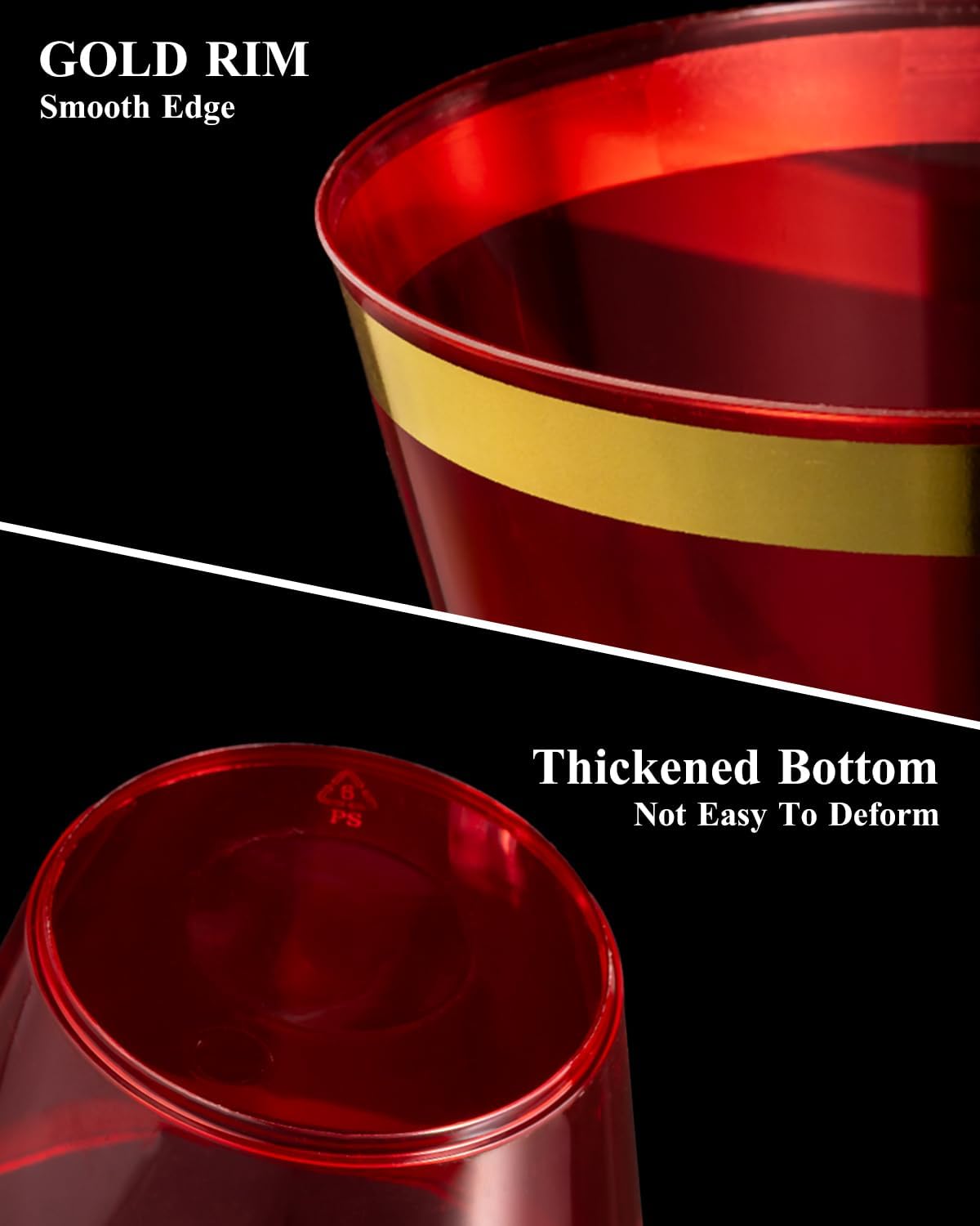 Goodluck 50PCS 14oz Red and Gold Plastic Cups for Party, Disposable Gold Rim Cups, Plastic Cocktail Glasses for Wedding Thanksgiving, Christmas, and Parties