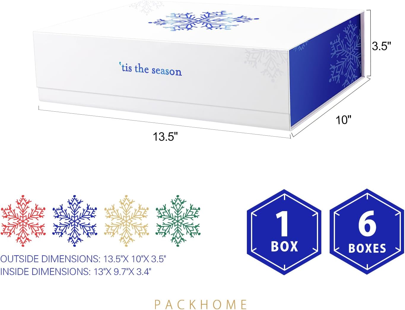 PACKHOME Christmas Gift Box 13x9.7x3.4 Inches, Large Gift Box with Lid, Sturdy Shirt Box with Magnetic Lid for Wrapping Gifts (Blue Snowflake Pattern)