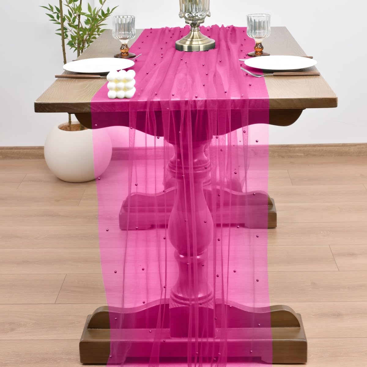 Joanlody Fall Fuschia Pearl Table Runner 10ft Rustic Boho Tulle Table Runner with Pearls for Baby Shower Wedding Party Veil Dessert Thanksgiving Table Decor Hot Pink