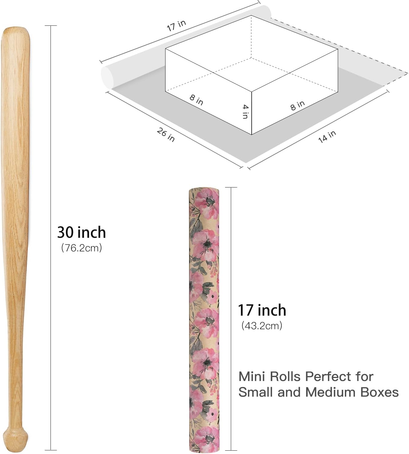 RUSPEPA Pink Flower Gift Wrapping Paper, 17 x 32.8 Feet, Mini Roll, Floral Gift Wrap Kraft Paper Roll for Women, Girls, Spring and Summer, Wedding and Bridal Shower
