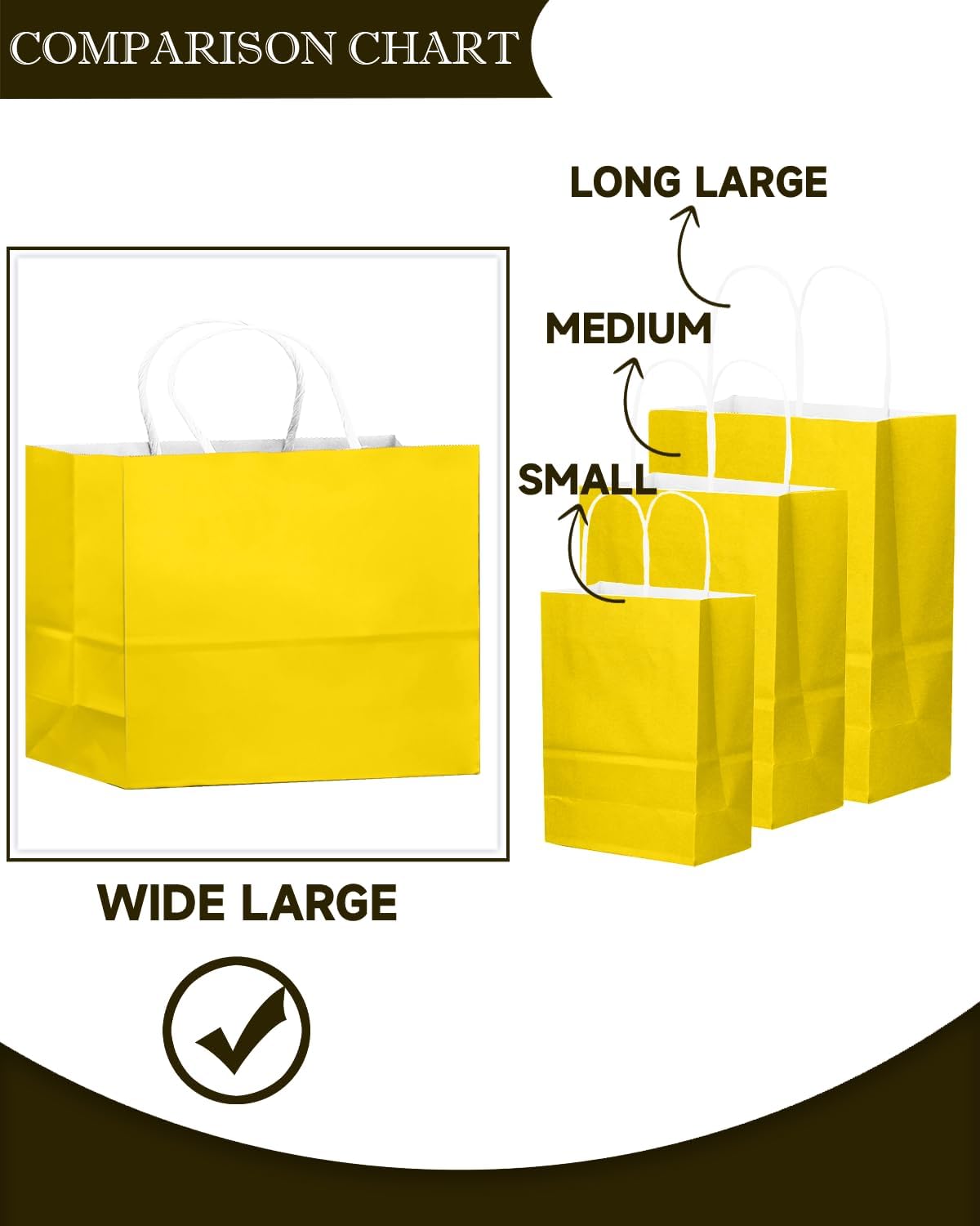 qiqee 100PCS Large Gift Bag with Handles Bulk 13"x4.5"x10" Gift Bags Bright Yellow Multiple Uses (32x11x25cm,Wide Large)