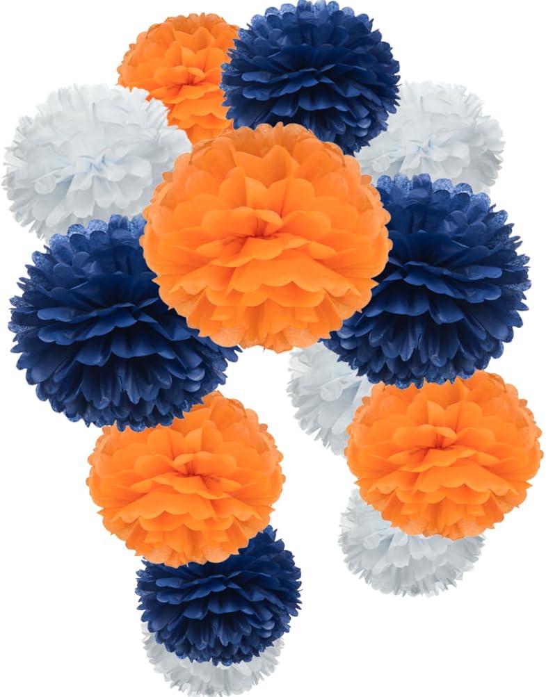 Royal Blue Orange and White Paper Flower Tissue Pom Poms for Graduation Birthday Wedding Retirement Theme Party, 12pc