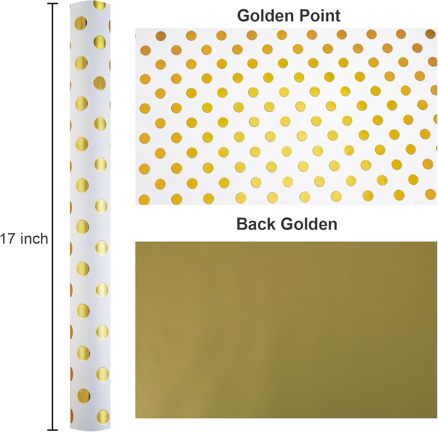 Burymento Platinum Dots Wrapping Paper, Reversible Gold Gift Wrap for Birthday, Valentines, Mothers day, Graduation, Wedding, Fathers day, Baby Shower, Christmas (17in x 32.8ft)
