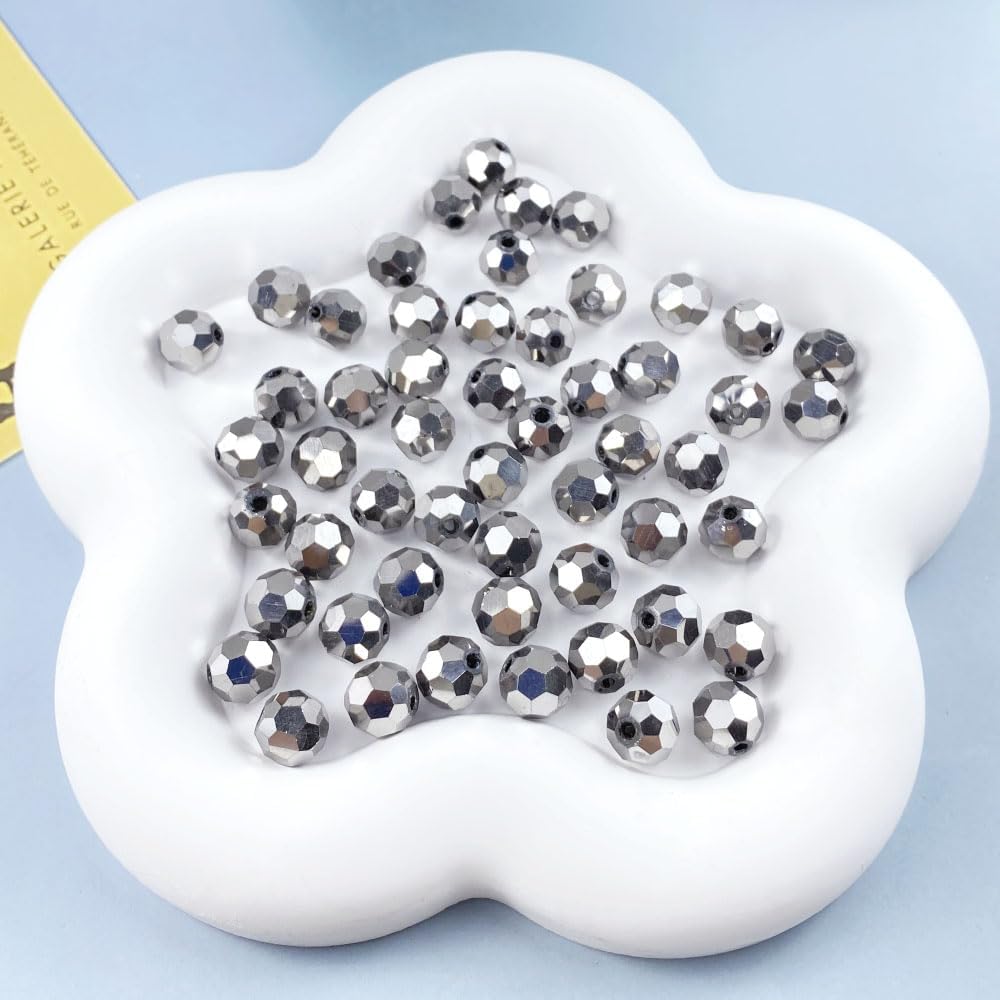 50 PCS 10mm Crystal Glass Beads Round Multiple Faceted Loose Spacer Glass Beads for DIY Handcrafte Bracelet Necklace Earring Jewelry Making(Silver)