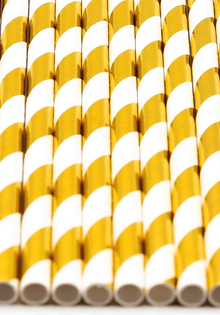 Pack of 150 Gold Foil Swirls Biodegradable 4-Ply Paper Drinking Straws (Compostable, Non-toxic, BPA-free)