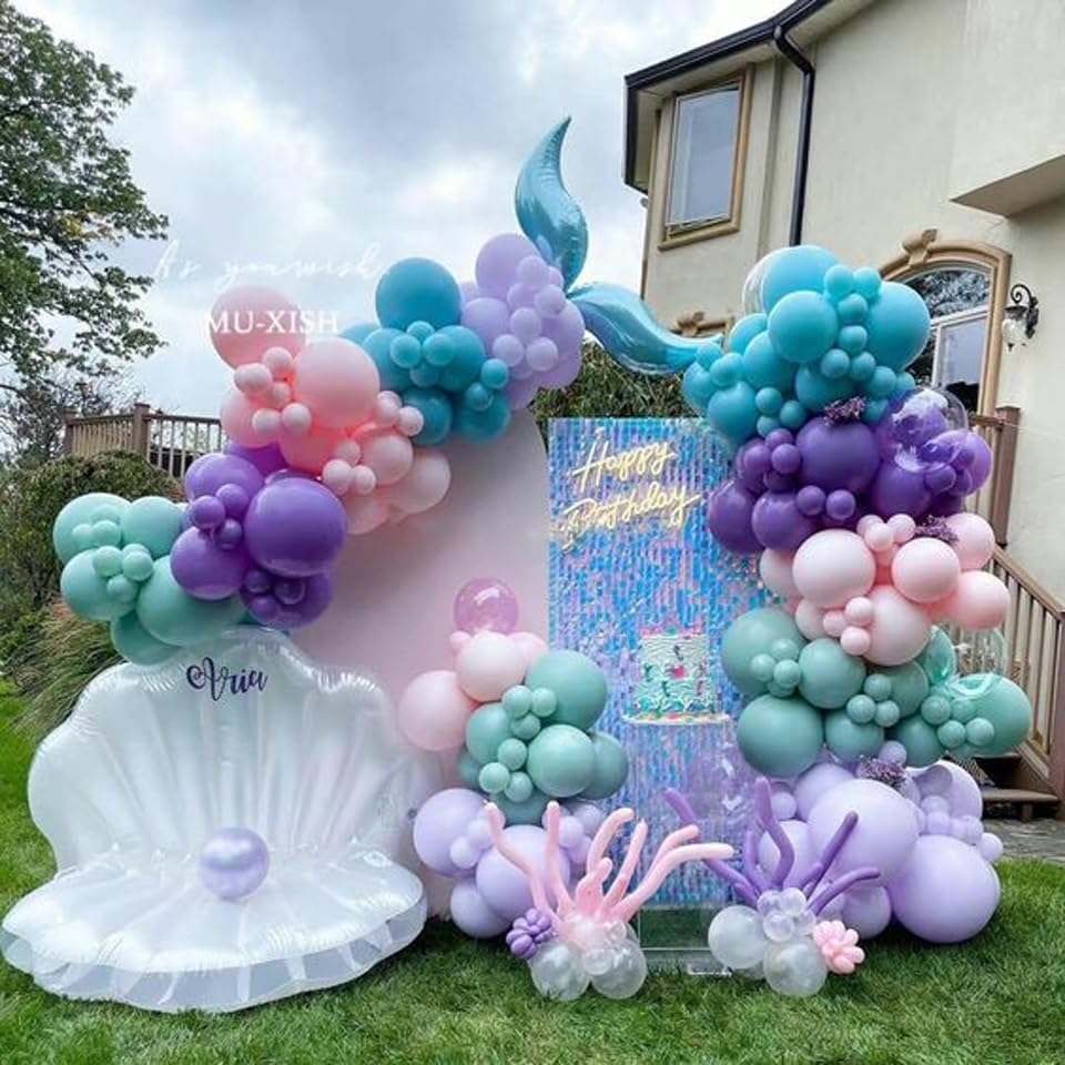Mermaid Party Balloons, Mermaid Purple Pink Teal Balloon with conch shell starfish Print Balloons Mermaid Confetti Balloon for Under the Sea Theme Birthday Kids Girls Princess Party Supplies