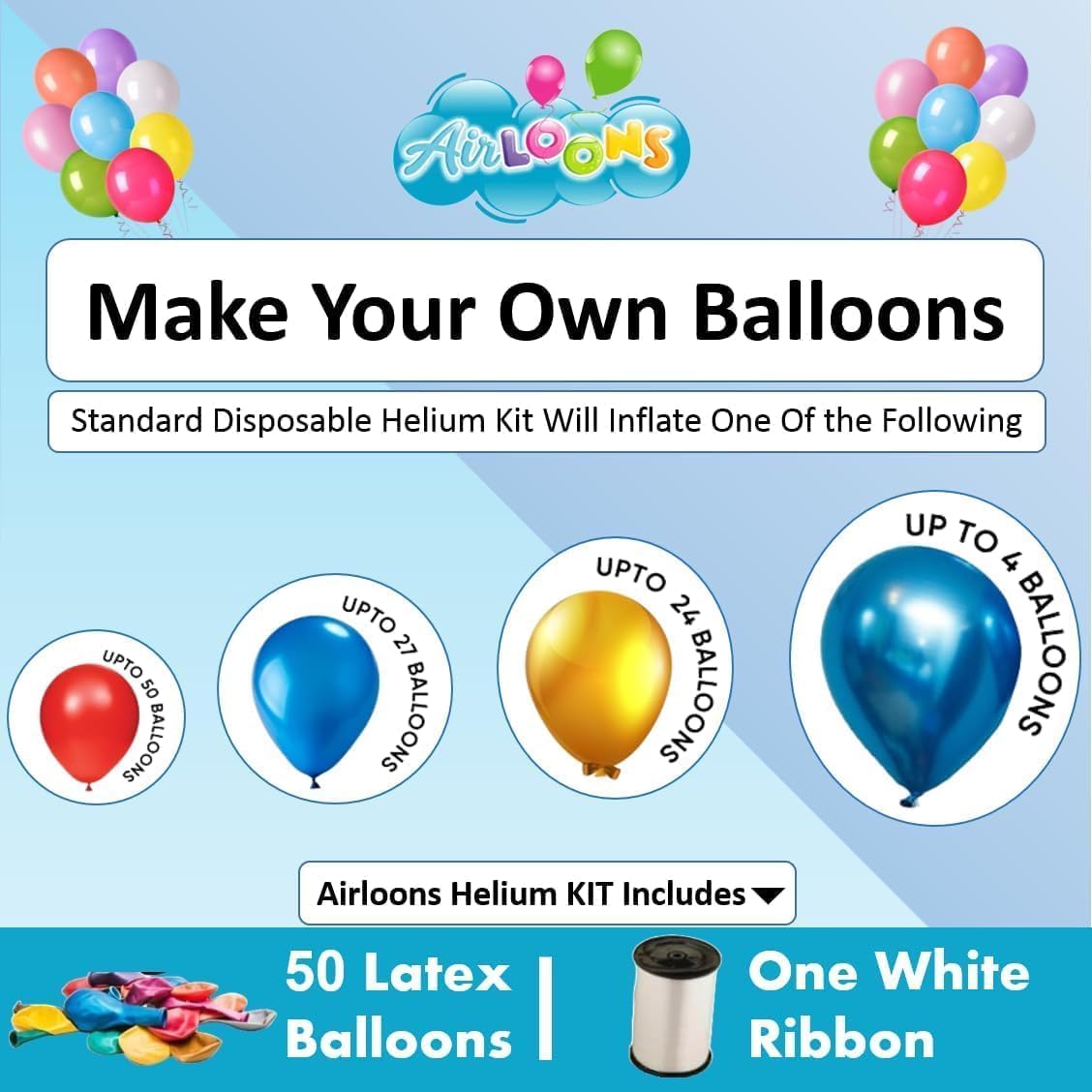 Airloons Helium Tank Balloon Kit with 50 Balloons - 9Inch Latex Balloons | Portable Helium Pump | Disposable Balloon Kit for Birthday Decorations, New Year, Christmas, Party, Home Decoration