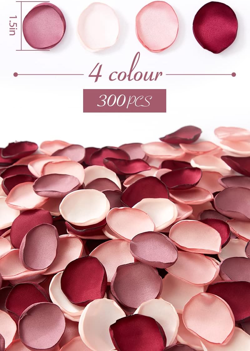 Serwalin 300pcs Silk Rose Petals Artificial Flower Petals for Weddings Burgundy Pink Petals Fake Petals Flower Girl Petals for Proposal Basket Aisle Runner Bridal Shower (4 Color Mixes)