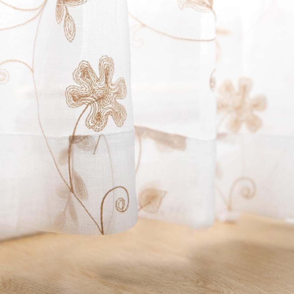 Floral Embroidery Gold Sheer Curtains 84 Inches Long, Rod Pocket Sheer Drapes for Living room, Bedroom, 2 Panels, 52"x84", Semi Crinkle Voile Window Treatments for Yard, Patio, Villa, Parlor.