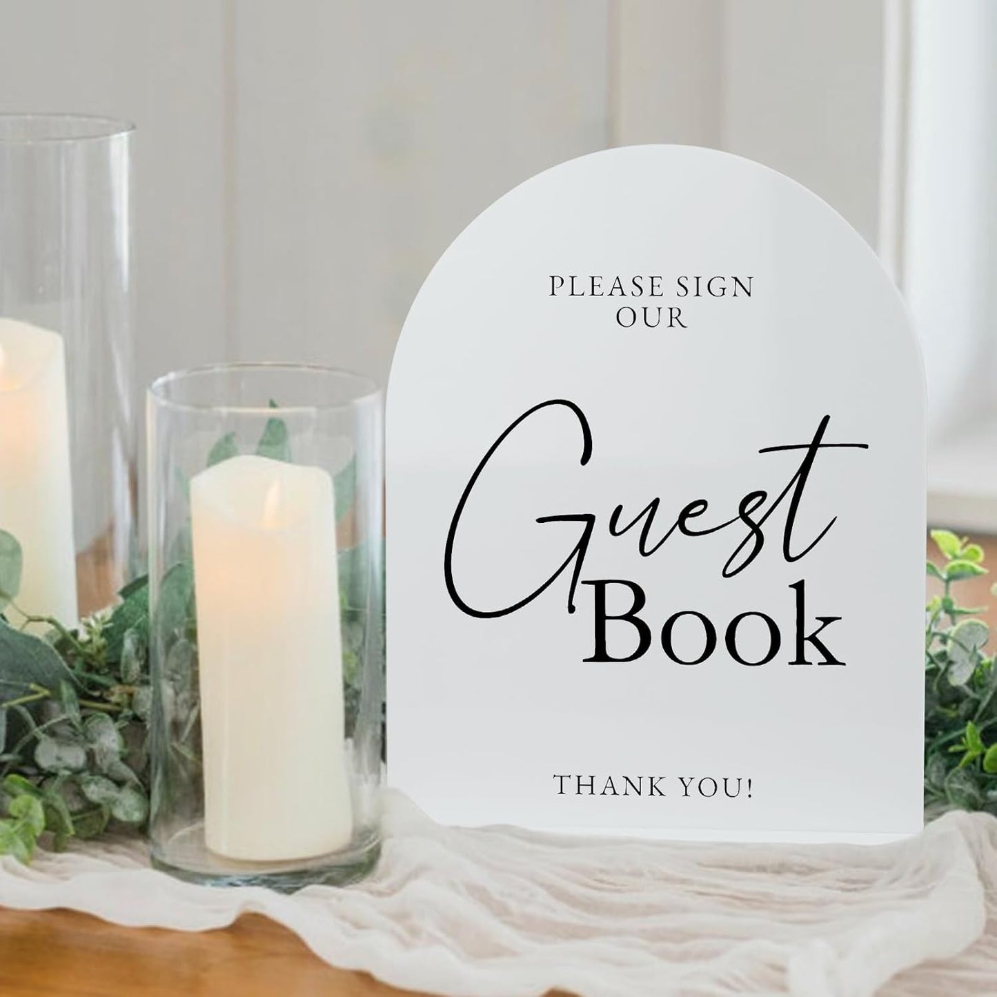 White Arch Acrylic Wedding Sign- 8"x10" Guest Book Sign and Base,1/8" Thick | Modern Calligraphy Arched Acrylic Table Sign for Wedding & Event Party