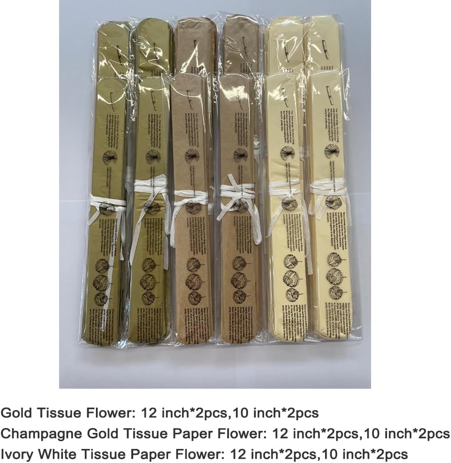 Gold Champagne Gold and Ivory White Paper Flower Tissue Pom Poms for Baby Shower Bridal Engagement Bachelor Birthday Graduation Retirement Theme Party, 12pc