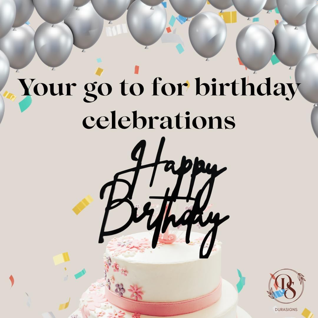 uraSigns Premium Acrylic Happy Birthday Cake Topper Gold, Mirror Finish, 6x6 Inches, 2.5mm Thick, Handmade Decorative Party Celebration Topper with Protective Film Perfect Keepsake (Acrylic, Black)