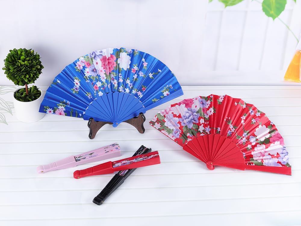 HUNANBANG 4 Pcs Oriental Flowers Japanese Folding Hand Fans Spanish Church Wedding Vintage Gift, Party Favors, DIY Decoration retro Gift Size 8 1/4" Wholesale (4pack)
