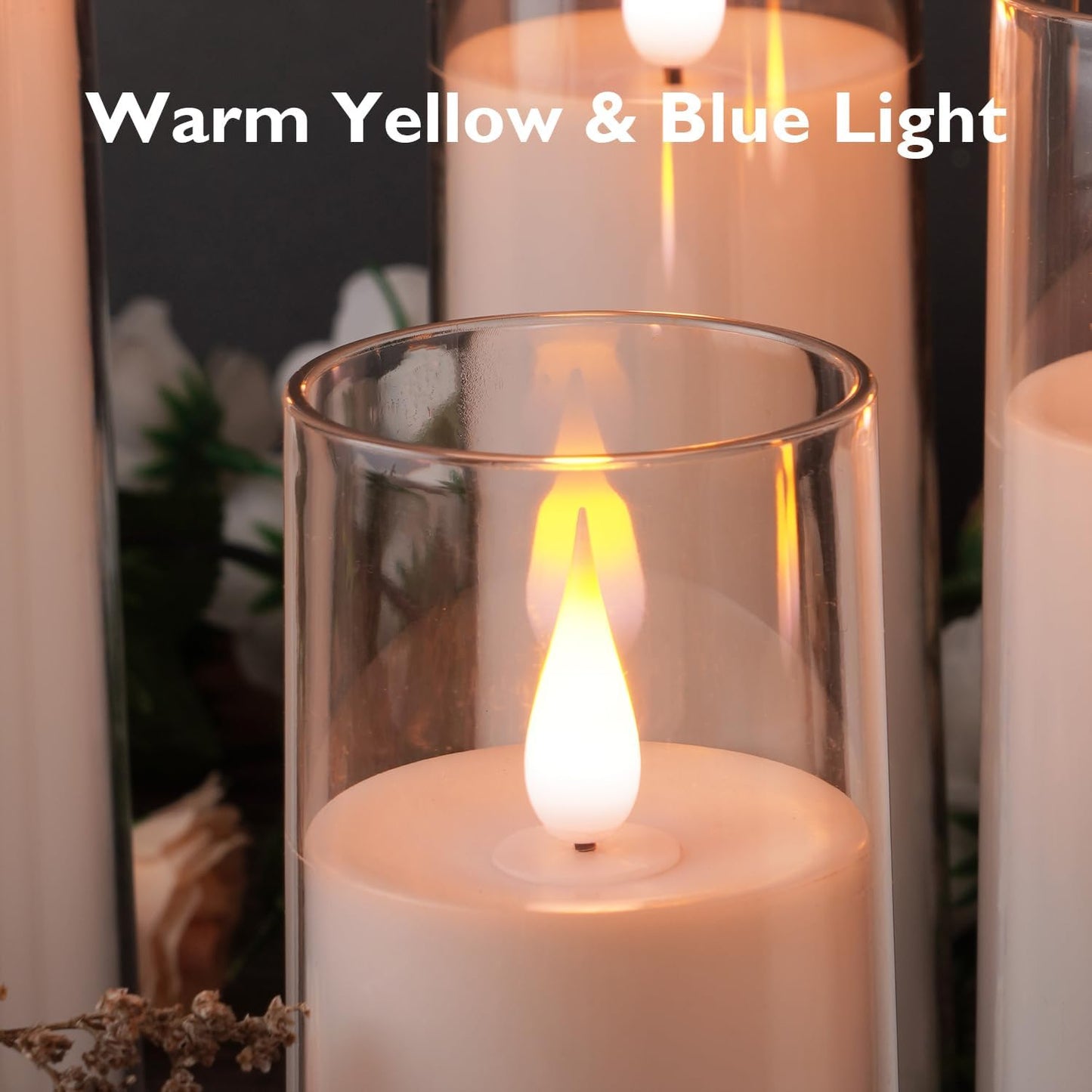Amagic Pure White Flameless Candles, Battery Operated Candles, Acrylic Flickering LED Pillar Candles with Remote Control and Timer, 3D Wick, Yellow and Blue Glow, D2.2 xH5 5" 6" 7" 8", Set of 5