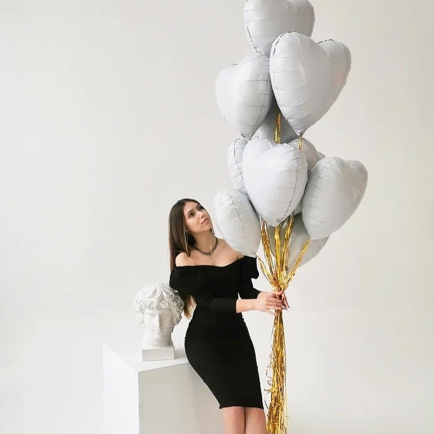 Grey White Heart Foil Heart Shaped Balloons, 10PCS White Foil Heart Balloons Valentines 18inch White Love Foil Balloons for Helium Valentine Decorations for White Wedding, Brithday Party, Anniversary