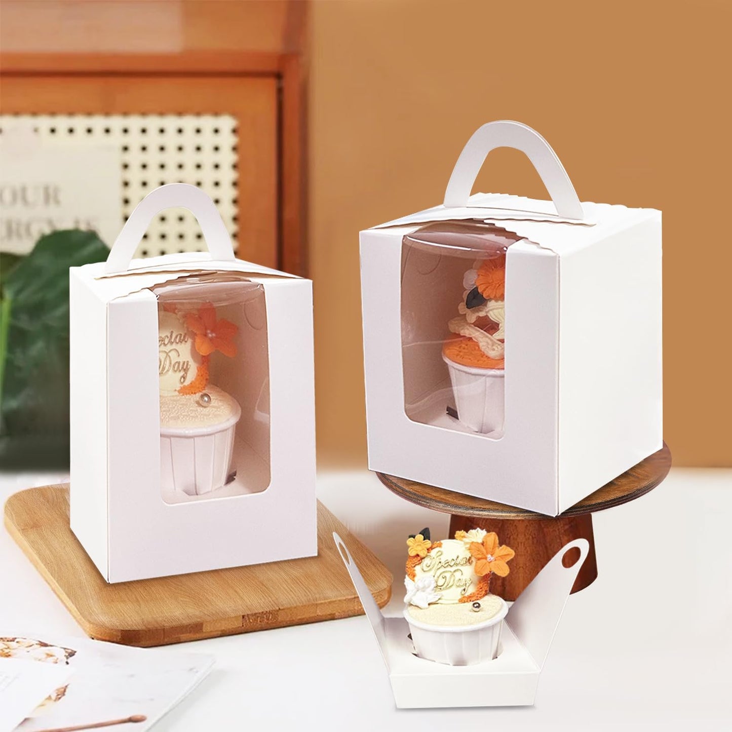 Bakepacker Auto-pop up Individual Cupcake Boxes with Window 25 Count White Single Cupcakes Box 3.6 x 3.6 x 4.3inch Cupcake Carrier