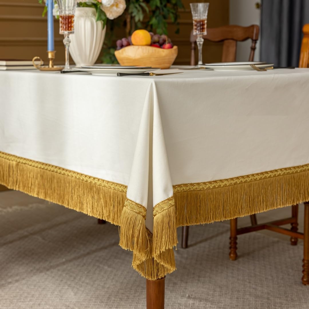 F-CHU Luxury White Tablecloth Thickset Velvet Tablecloth with Beautiful Gold Tassels Vintage Table Cloth for Home Decor Wedding, Party, Banquet and Events 60x70-Inch