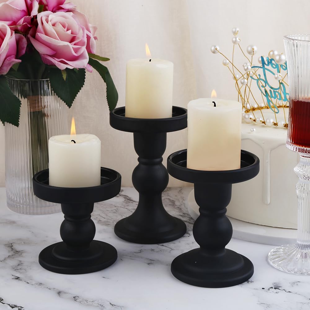 3-Piece Set of Black Glass Candlestick, Crystal Candlestick Holder Holder and Conical Candle, Christmas Candle Holder Decoration, Family Living Room Wedding Candle Holder (black1set)