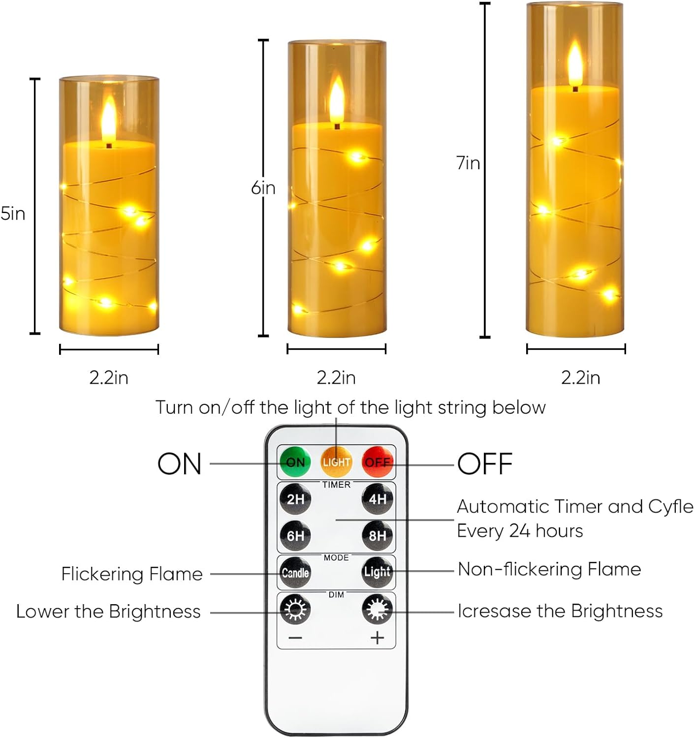 Homemory Flameless Candles with Embedded Star String Fairy Lights, Battery Operated Candles with Remote Control and Timer, Flickering LED Candle for Fall Pumpkin Decorations, Amber Gold, Set of 9