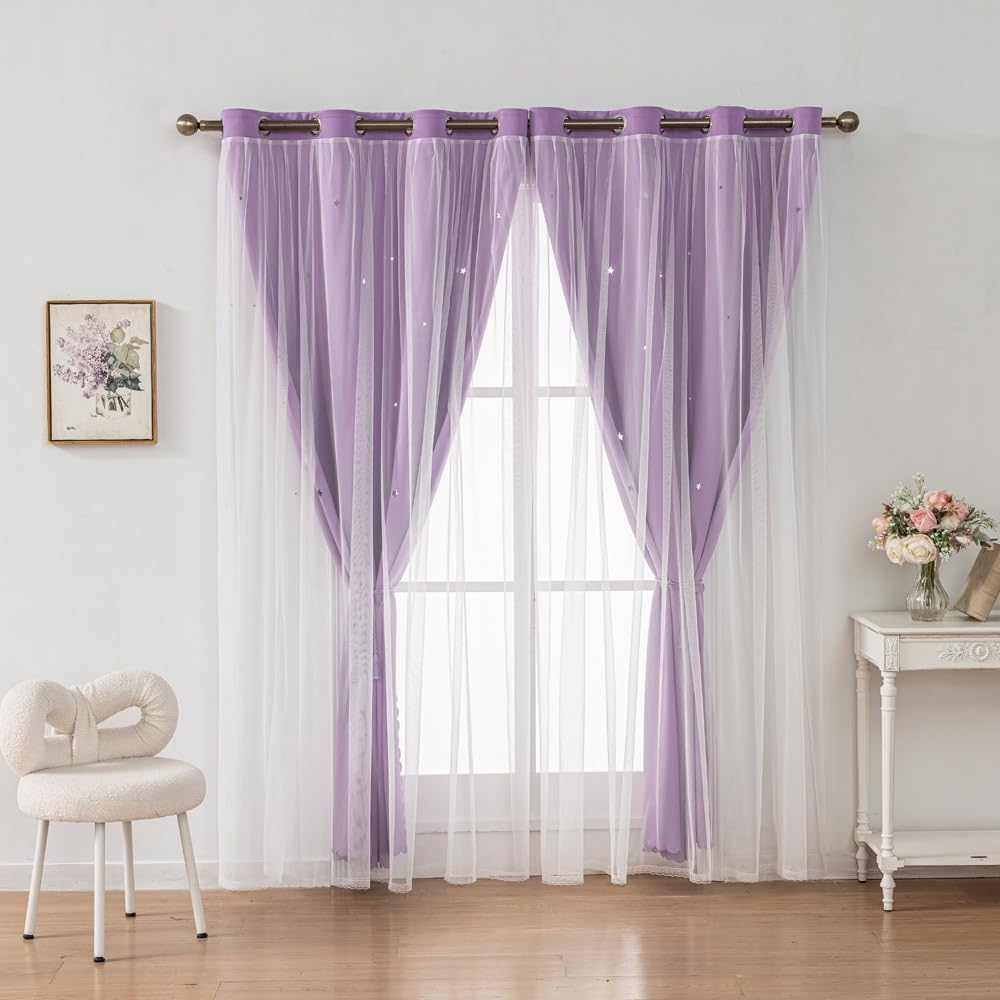 Ombre Rainbow Blackout Curtains for Kid Girls Bedroom Living Room Darking Stripe Double Layer Star Cut Out Wall Home Decor Gradient Grommet Window Curtains (Purple 84L)