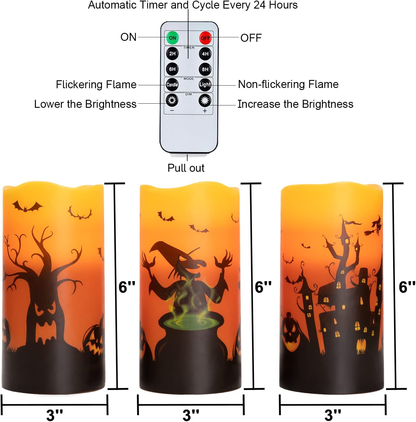 Homemory Halloween Candles, Orange Flameless Candles, Real Wax Flickering Battery Operated LED Pillar Candles with Remote Timers for Halloween Spooky Decoration, Day of The Dead, 3”x6”, Set of 3